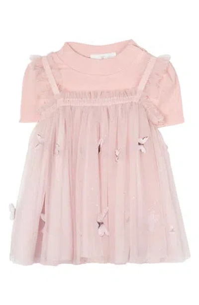 Rare Editions Babies'  Ribbed Bodysuit & Butterfly Mesh Dress Set In Pink
