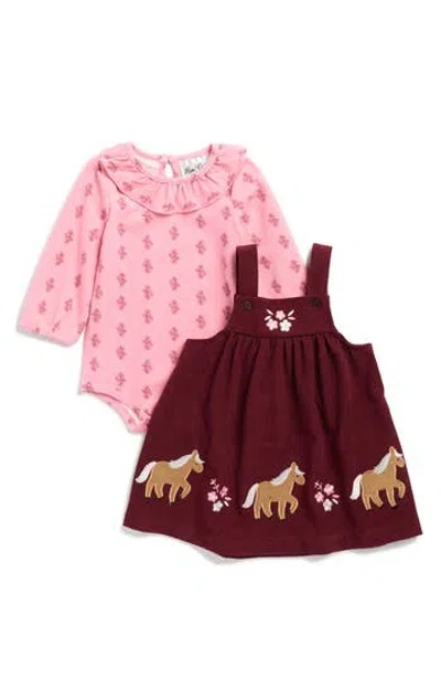Rare Editions Babies'  Ruffle Neck Bodysuit & Overall Dress Set In Pink