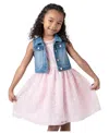 RARE EDITIONS TODDLER & LITTLE GIRLS DENIM VEST AND EMBROIDERED DRESS OUTFIT, 2 PC
