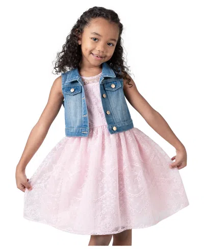 Rare Editions Kids' Toddler & Little Girls Denim Vest And Embroidered Dress Outfit, 2 Pc In Blush