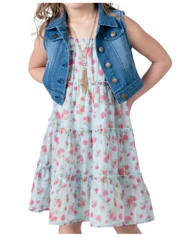 Rare Editions Kids' Toddler & Little Girls Denim Vest Dress Outfit With Necklace, 3 Pc In Aqua