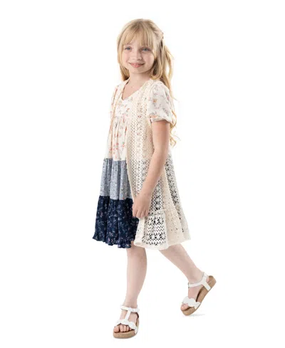 Rare Editions Kids' Toddler & Little Girls Floral-print Colorblocked Dress & Crochet Vest, 2 Piece Set In Cream