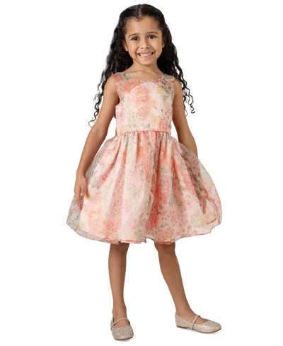 Rare Editions Kids' Toddler & Little Girls Illusion-bodice Floral-print Organza Social Dress In Peach