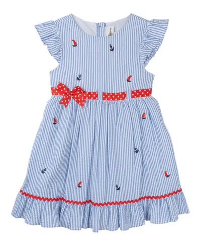 Rare Editions Kids' Toddler Girls Nautical Flutter Sleeve Seersucker Dress In Blue