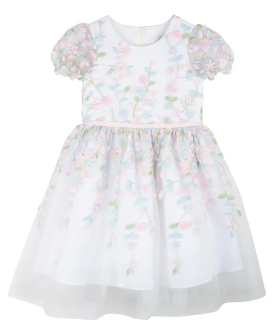 RARE EDITIONS TODDLER GIRLS PUFF SLEEVES FLORAL EMBROIDERED MESH SOCIAL DRESS