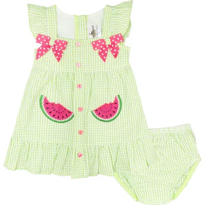 RARE EDITIONS RARE EDITIONS WATERMELON SEERSUCKER DRESS & BLOOMERS SET