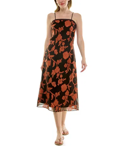 Rare Juniors' Burnout Floral Square Neck Midi Dress In Brown
