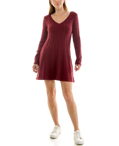 Rare Juniors' Cable-knit Long-sleeve A-line Mini Dress In Burgundy