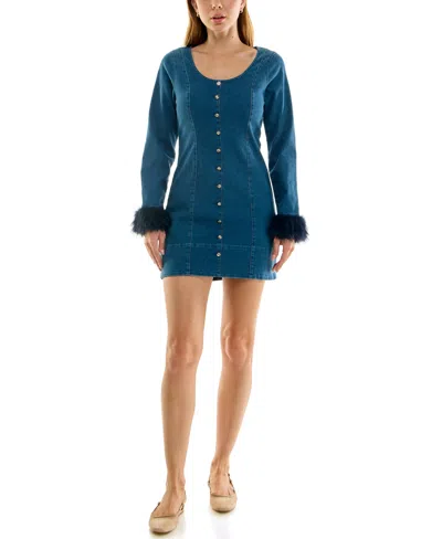 Rare Juniors' Denim Long-sleeve Faux-fur Trim Mini Dress In Blue
