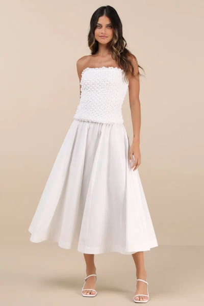 Rare London Aaralyn White Textured Strapless Drop Waist Midi Dress
