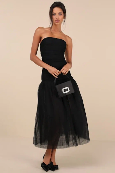 Rare London Beautifully Poised Black Tulle Ruched Drop Waist Midi Dress