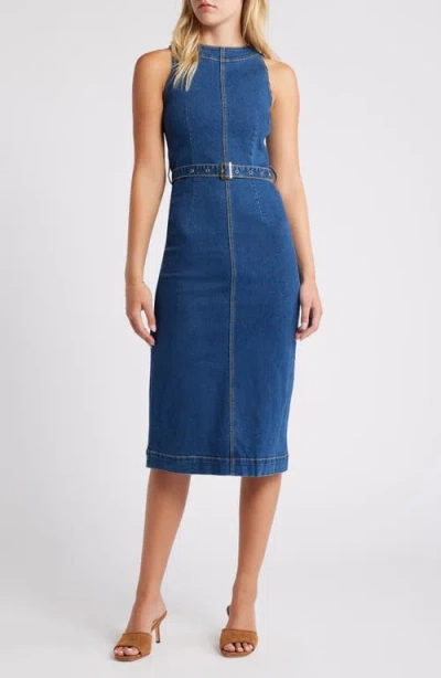 Rare London Belted Denim Midi Dress In Blue Denim