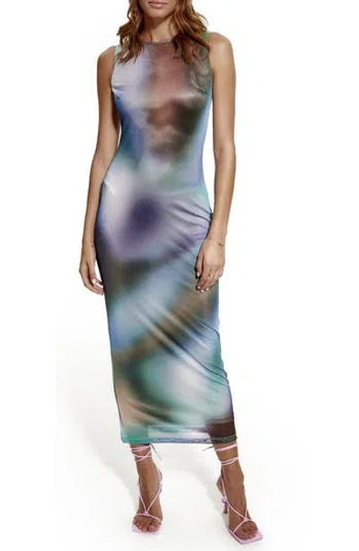 Rare London Blur Mesh Maxi Dress In Blue Multi