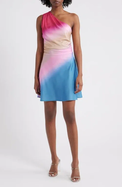 Rare London Blur Print One-shoulder Cocktail Minidress In Blue Multi