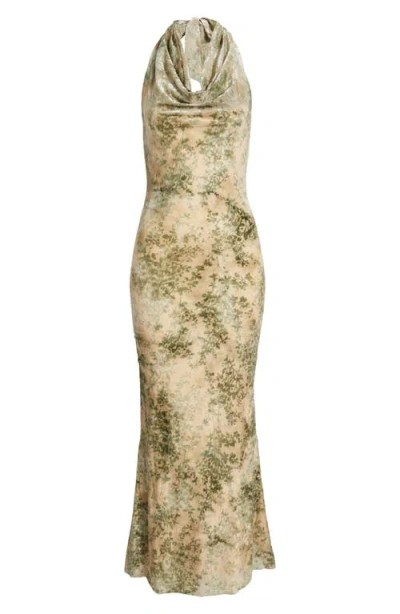 Rare London Burnout Cowl Neck Maxi Cocktail Dress In Green