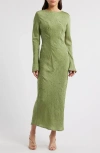 Rare London Crinkle Effect Long Sleeve Dress In Olive