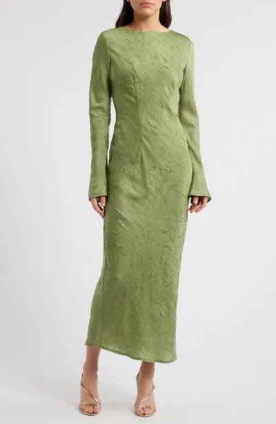 Rare London Crinkle Effect Long Sleeve Dress In Olive