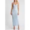 Rare London Diamante Mesh Halter Neck Gown In Light Blue
