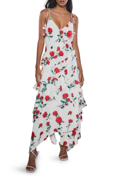 Rare London Floral Ruffle Tiered Handkerchief Hem Maxi Dress In White Floral