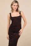 Rare London Hayfa Dark Brown Mesh Velvet Bustier Midi Dress In Brown