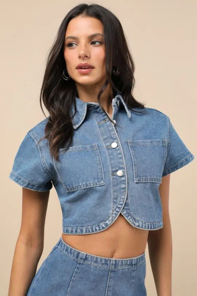 Rare London Nerea Medium Wash Denim Button-front Crop Top In Blue
