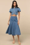 Rare London Nerea Medium Wash Denim Drop Waist Midi Skirt