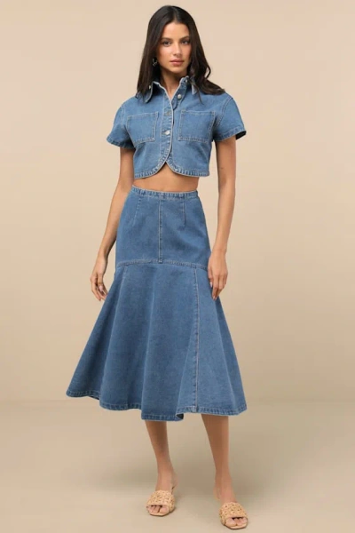 Rare London Nerea Medium Wash Denim Drop Waist Midi Skirt