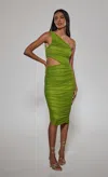 Rare London One Shoulder Ruched Midi Dress In Green In Green