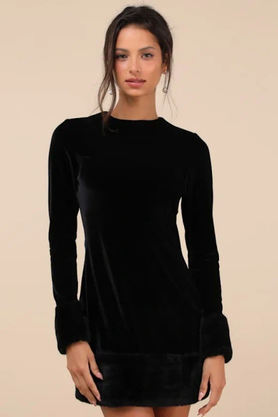 Rare London Opulent Charm Black Velvet Faux Fur Trim Mini Dress