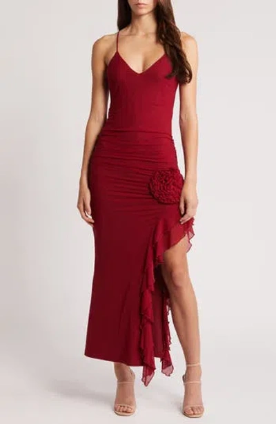 Rare London Rosette Detail Asymmetric Cocktail Dress In Burgundy