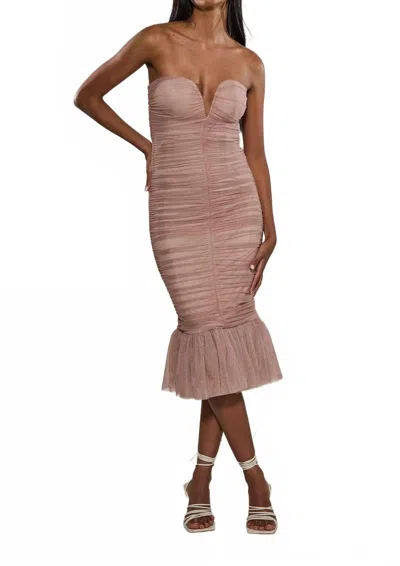Rare London Ruched Sweetheart Fishtail Dress In Blush In Brown