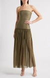 Rare London Strapless Drop Waist Mixed Media Cocktail Dress In Green