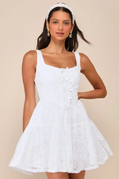 Rare London Truly Flawless White Lace Sleeveless Bow Bustier Mini Dress