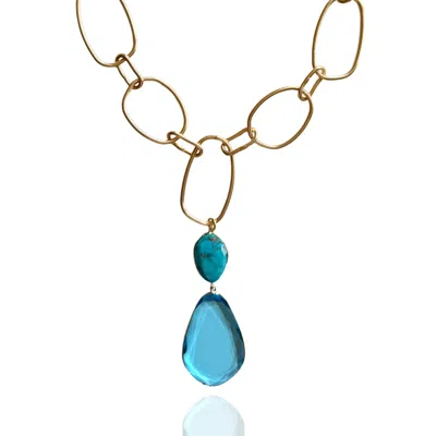 Rare Matters Jewelry Women's Blue / Gold Lux Statement Turquoise Double Drop Pendant Necklace In Multi