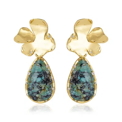 Rare Matters Jewelry Women's Blue Golden Flora Statement Turquoise Drop Earrings