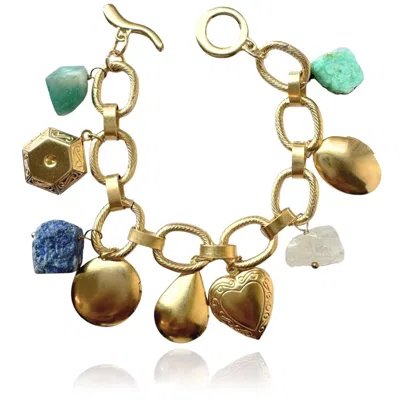Rare Matters Jewelry Women's Gold / Green / Blue Chunky Nugget Vintage Photo Locket Charm Bracelet In Multi