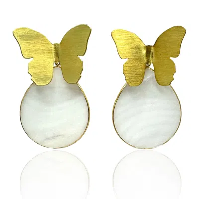 Rare Matters Jewelry Women's Gold / White Spring Butterfly Mother Of Pearl Statement Earrings