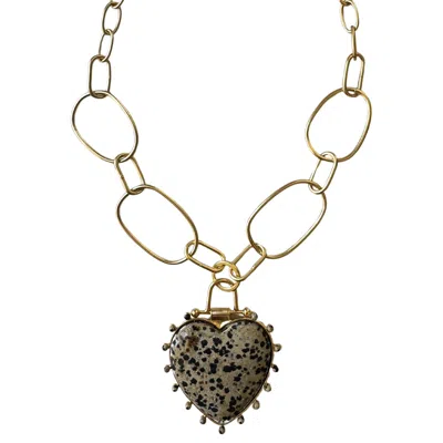 Rare Matters Jewelry Women's Neutrals / Gold / Brown Dalmatian Jasper Heart Beaded Pendant Necklace In Multi