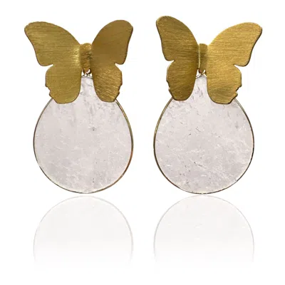 Rare Matters Jewelry Women's Neutrals / Gold Spring Butterfly Clear Quartz Statement Earrings