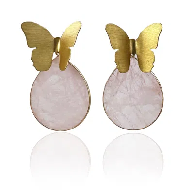 Rare Matters Jewelry Women's Pink / Purple / Gold Spring Butterfly Rose Quartz Statement Earrings