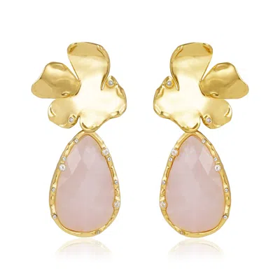 Rare Matters Jewelry Women's Pink / Purple Golden Flora Statement Rose Quartz Drop Earrings In Multi