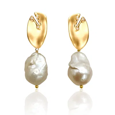 Rare Matters Jewelry Women's White / Gold Baroque Pearl Bloom Statement Earrings