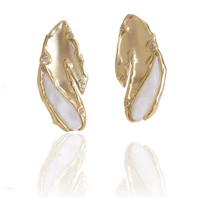 Rare Matters Jewelry Women's White / Gold Lustrous Moonstone Inlay Stud Earrings
