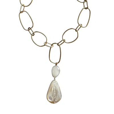 Rare Matters Jewelry Women's White / Gold Lux Statement Mother Of Pearl Double Drop Pendant Necklace In Multi