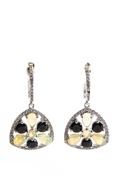 Rarities Sterling Silver Opal Black & White Spinel Cluster Dangle Earrings 1.25"