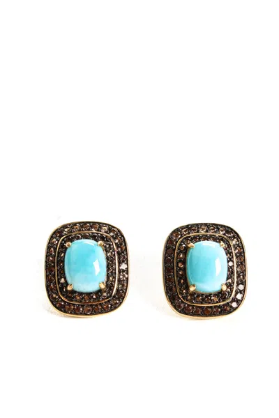 Rarities Womens Sterling Silver Gold Plated Cabochon Blue Larimar Quartz Pave Stud Earrings 0.6"