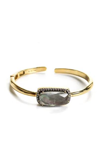 Rarities Womens Sterling Silver Gold Plated Labradorite Zircon Halo Hinged Bangle Bracelet 6.75"