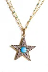 Rarities Womens Sterling Silver Gold Plated Spinel Pave Cabochon Turquoise Star Necklace 20" In Gold