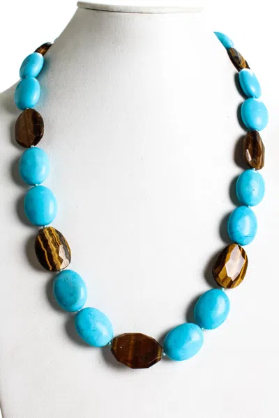Rarities Womens Sterling Silver Gold Plated Turquoise & Tiger's Eye Beaded Toggle Necklace 27"