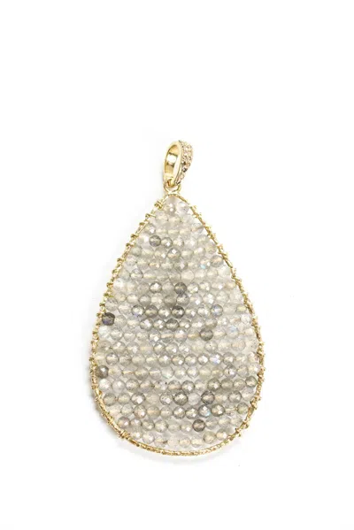 Rarities Womens Sterling Silver Yellow Gold Plated Labradorite Beaded Teardrop Pendant Charm 3"